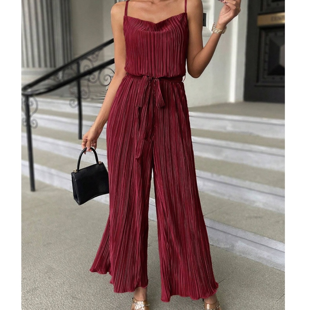 Luxe Dark Green Pleated Belted Wide Leg Cami Jumpsuit - Picture 2 of 7